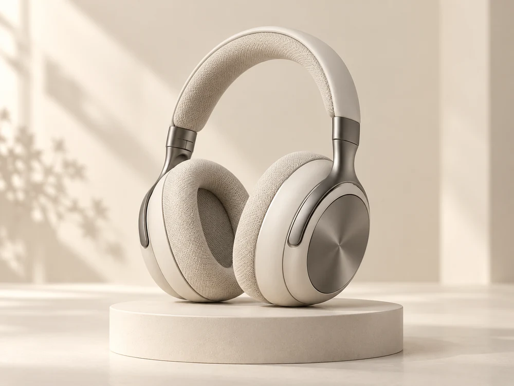Headphones in a separate warm white product scene