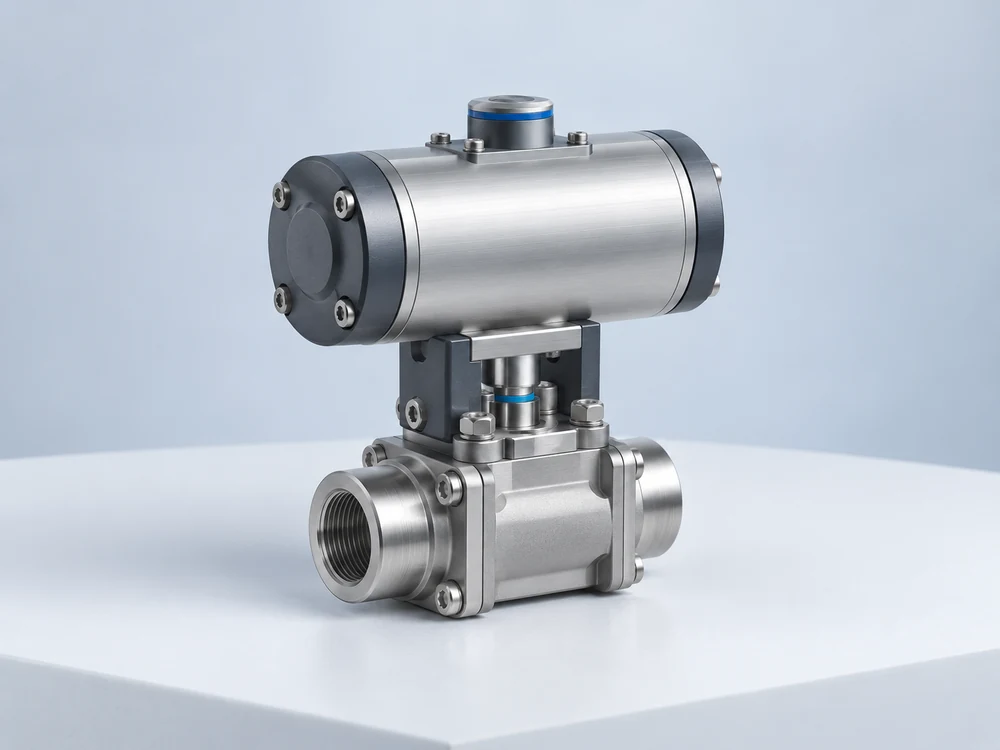 Precision metal valve in a separate pale blue studio scene